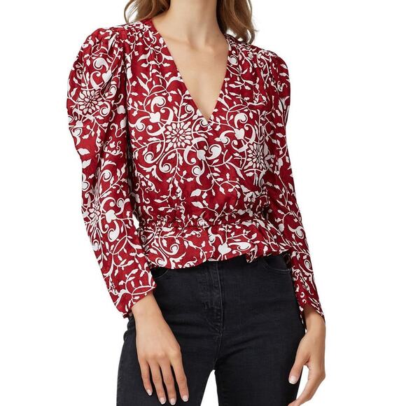 The Kooples V-Neck Top Flouncy Ruffles Red Printed Size 1 Small - Picture 1 of 10
